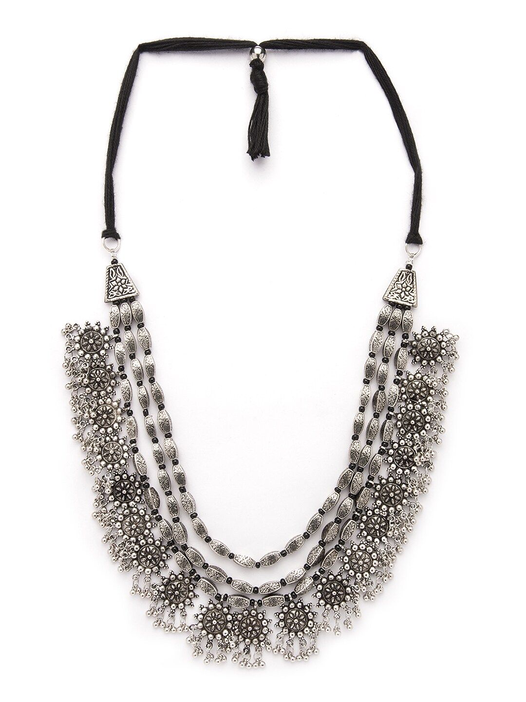 Rubans Oxidized Silver Plated Multi Layered Floral Design Ghungroo Beaded Necklace