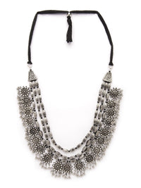 Rubans Oxidized Silver Plated Multi Layered Floral Design Ghungroo Beaded Necklace