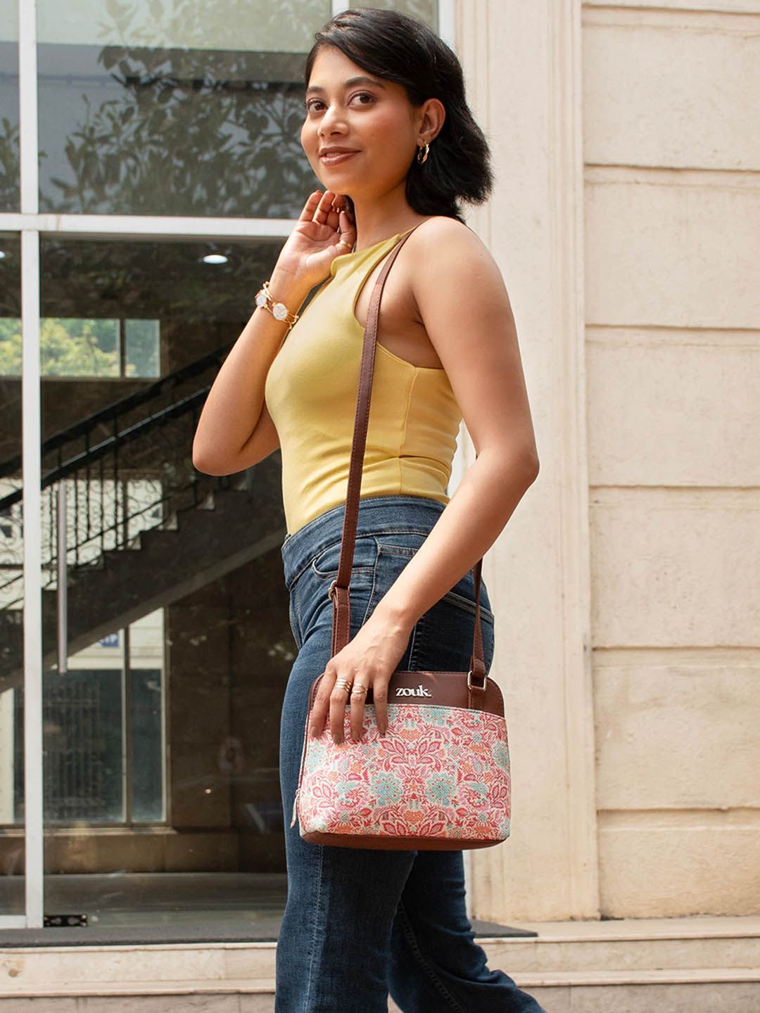 ZOUK Floral Printed Structured Sling Bag