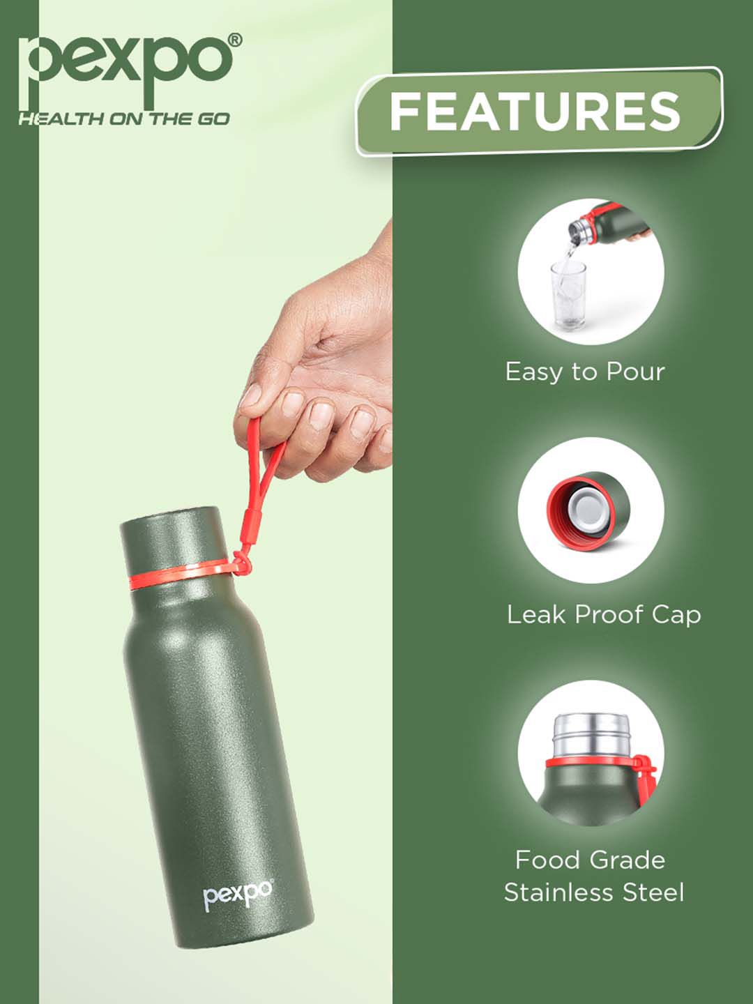 Pexpo Bosco Green Double wall Thermosteel Hot & Cold Green Insulated Water Bottle 600ml