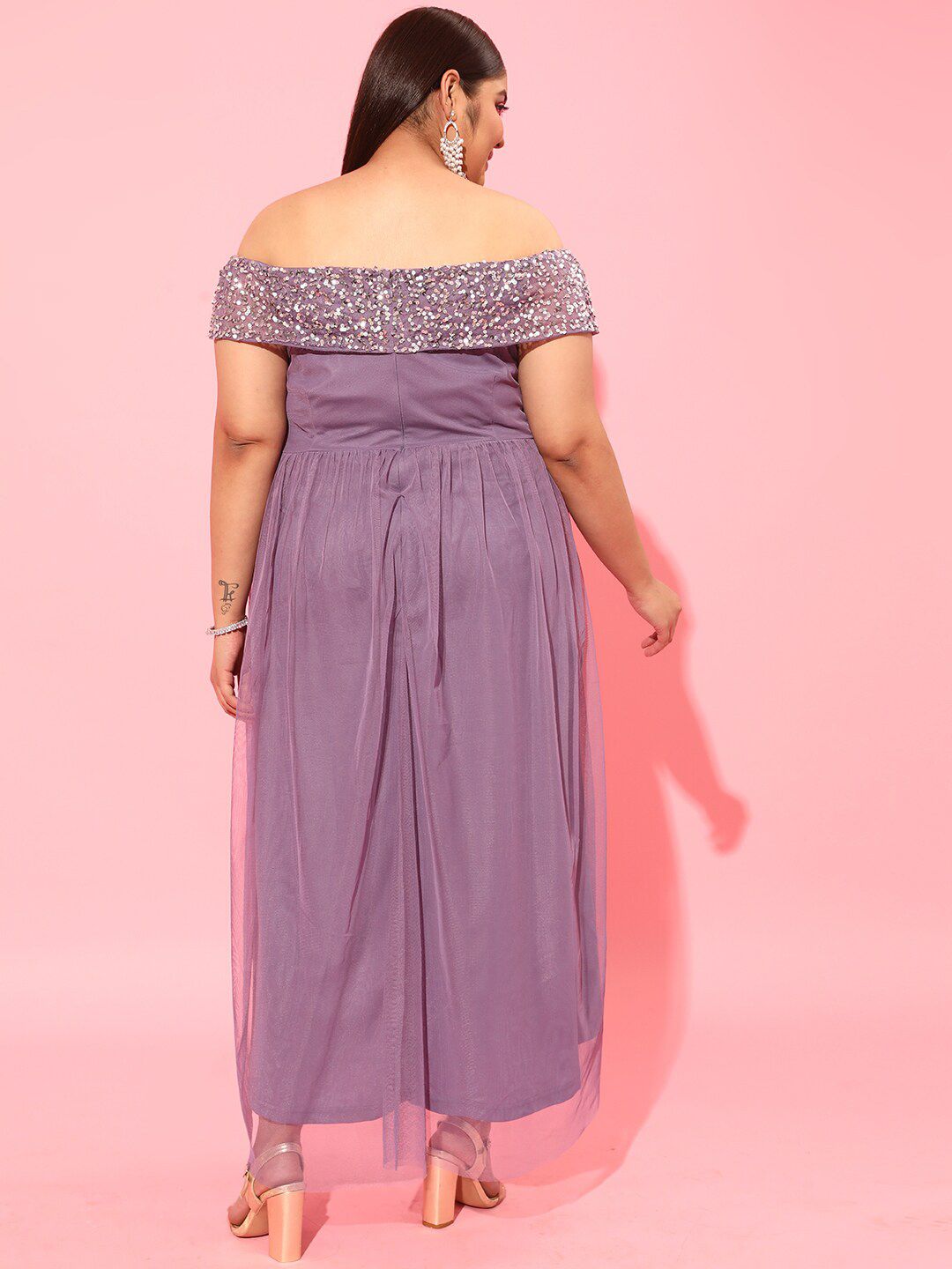 CURVY STREET Lavender Plus Size Off-Shoulder Net Dress