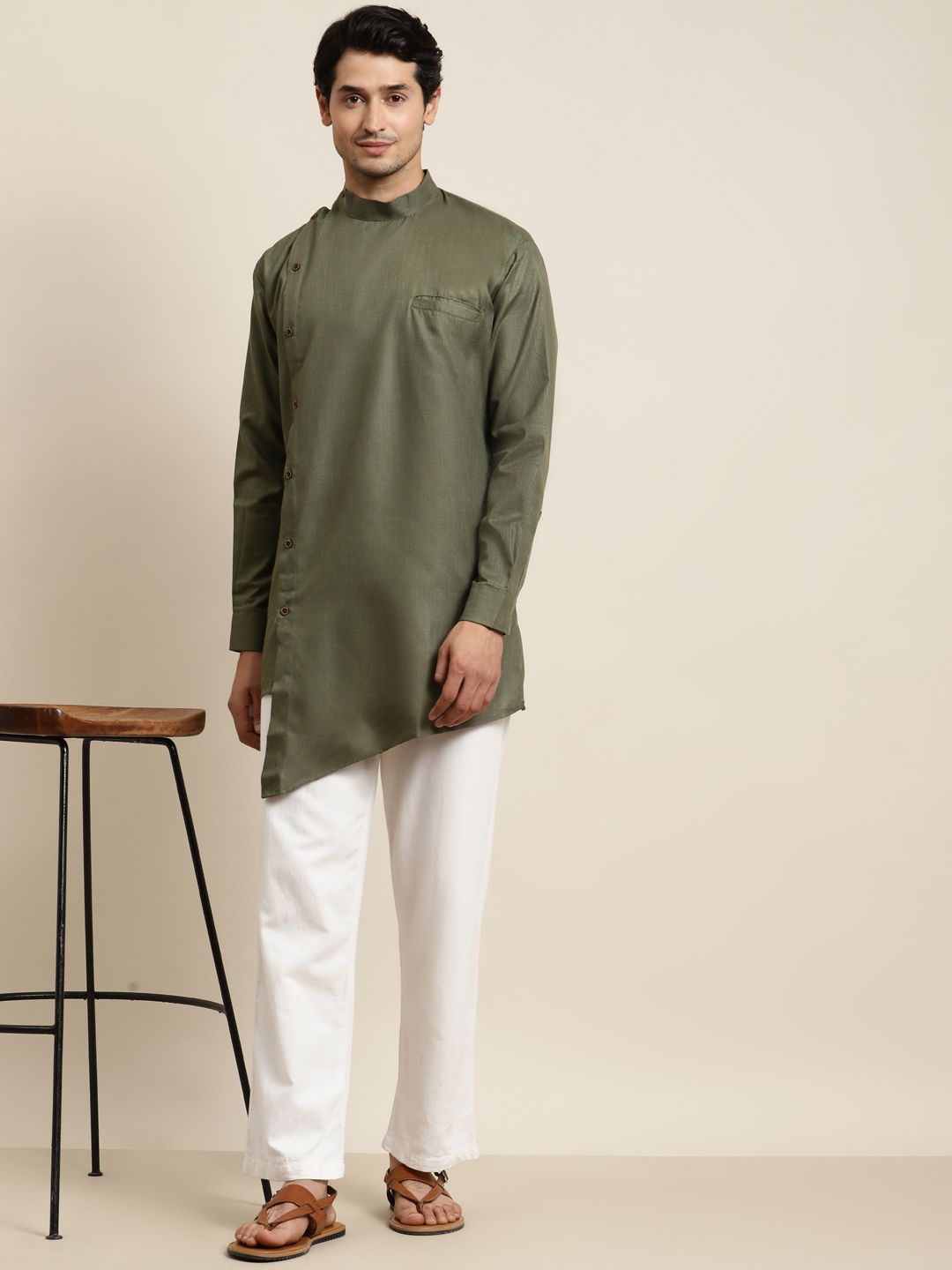 Anug by SOJANYA Men Olive Green Asymmetric Hem Kurta
