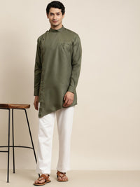 Anug by SOJANYA Men Olive Green Asymmetric Hem Kurta
