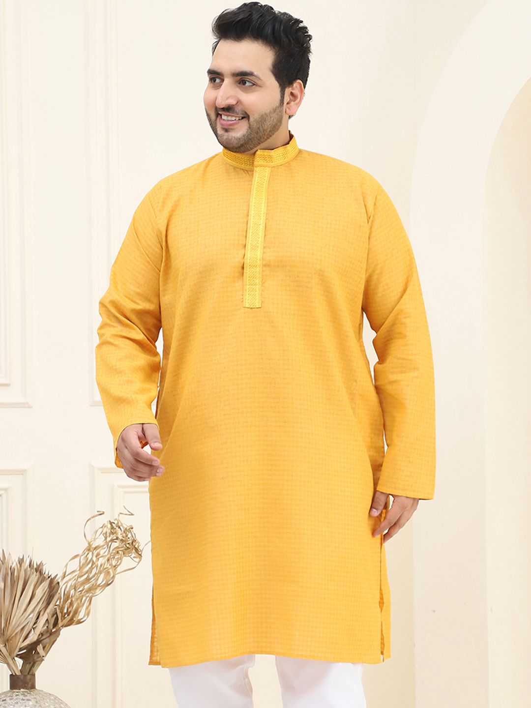 SOJANYA PLUS Men Mustard Yellow Pure Cotton Checked Kurta