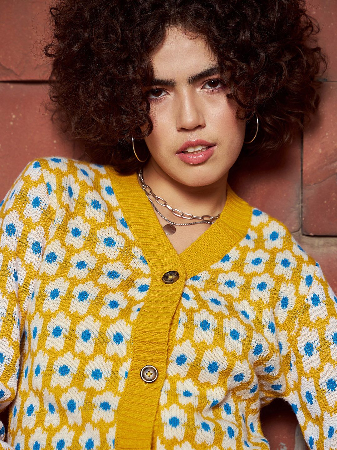 SASSAFRAS Floral Printed V-Neck Ribbed Woollen Cardigan