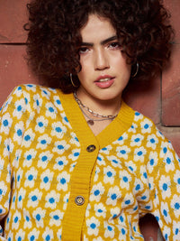 SASSAFRAS Floral Printed V-Neck Ribbed Woollen Cardigan