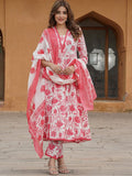 KALINI Floral Printed Pure Cotton Anarkali Kurta with Trousers & With Dupatta
