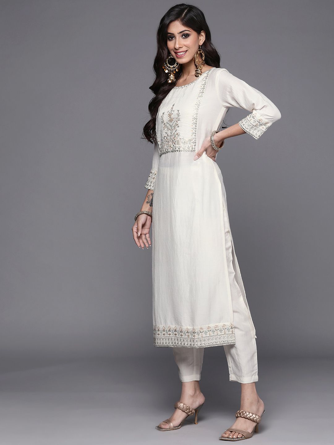 Indo Era Women White Ethnic Motifs Embroidered Kurta with Trousers & With Dupatta