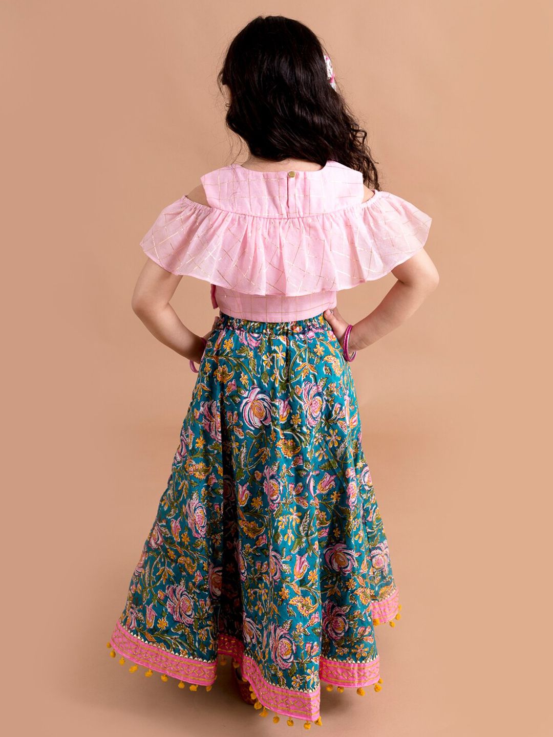 pspeaches Girls Blue & Pink Ready to Wear Lehenga & Blouse With Dupatta