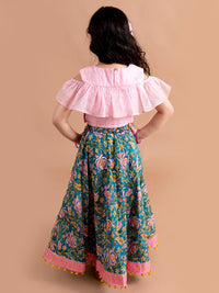 pspeaches Girls Blue & Pink Ready to Wear Lehenga & Blouse With Dupatta