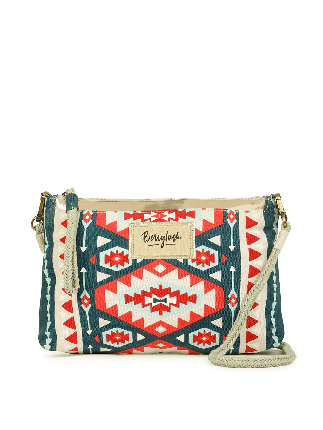 Berrylush Teal Green & Orange Printed Structured Sling Bag