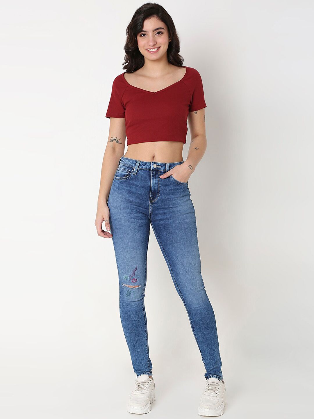 SPYKAR Women Skinny Fit High-Rise Low Distress Light Fade Stretchable Jeans