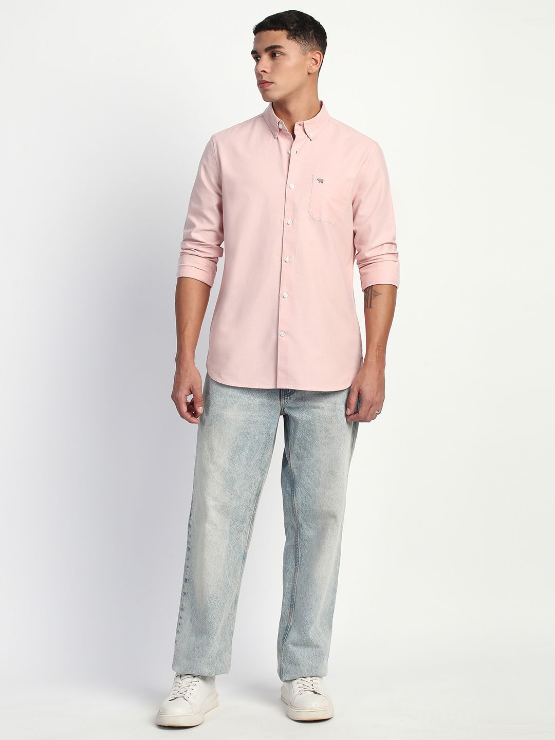 THE BEAR HOUSE Men Slim Fit Button-Down Collar Pure Cotton Solid Casual Shirt