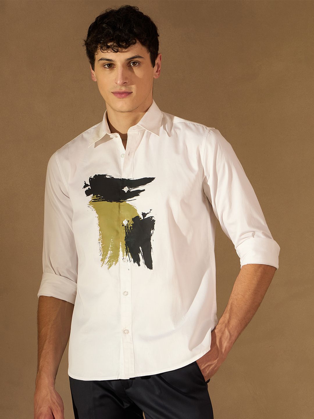 DENNISON Smart Abstract Printed Spread Collar Long Sleeve Cotton Shirt