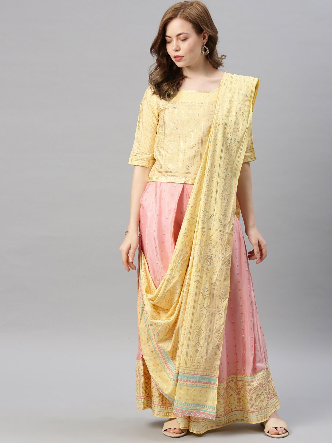 W Women Yellow & Pink Printed Top with Palazzos & Dupatta