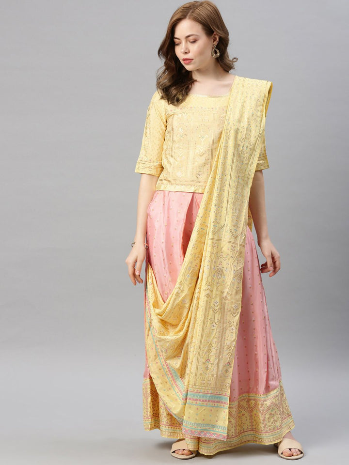 W Women Yellow & Pink Printed Top with Palazzos & Dupatta