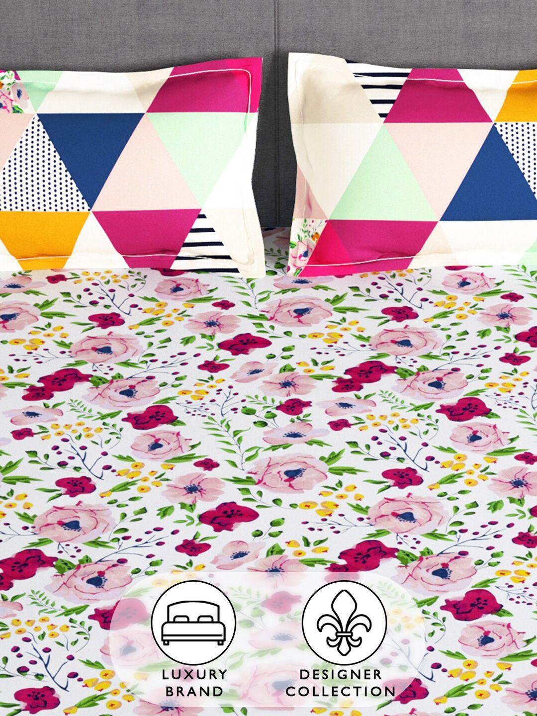 Story@home White & Pink Geometric 180 TC Queen Bedsheet with 2 Pillow Covers