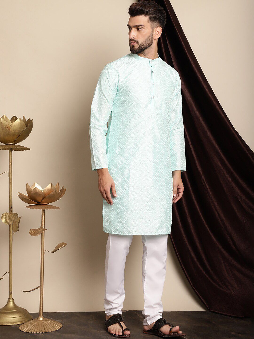 Anouk Men Sea Green Geometric Embroidered Kurta with Churidar