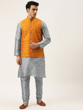 SOJANYA Men Grey Kurta with Churidar & Nehru Jacket