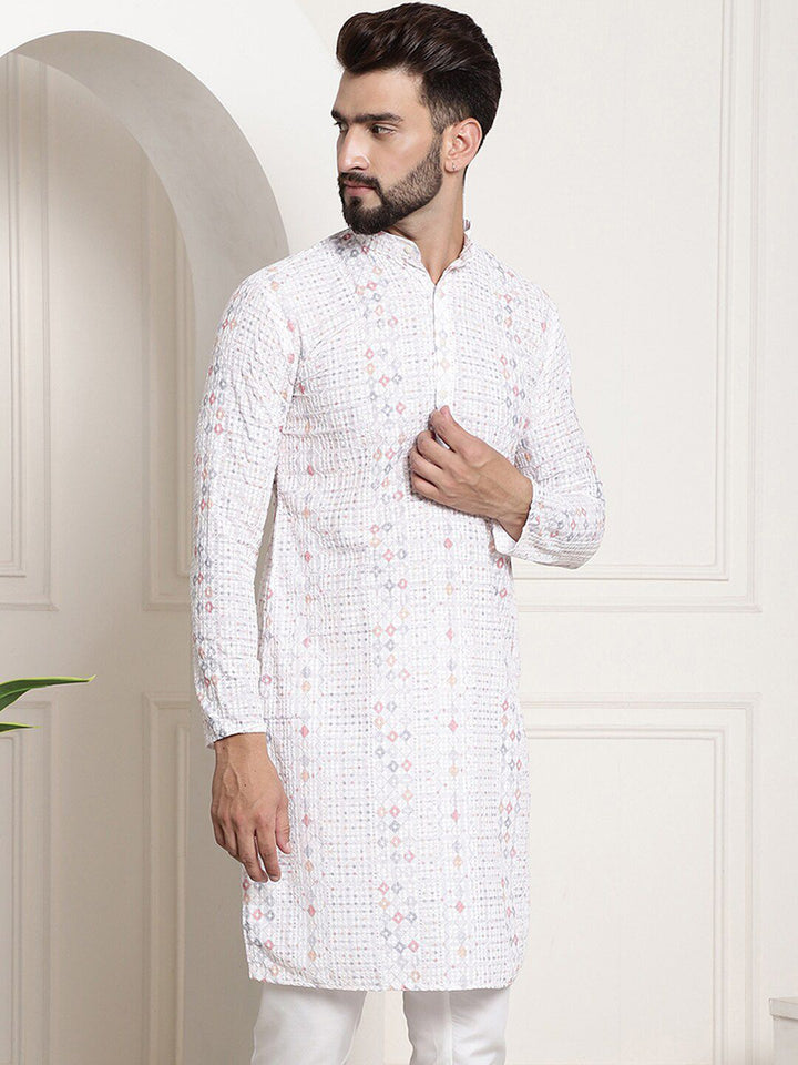 SOJANYA Band Collar Geometric Printed Thread Work Cotton Kurta