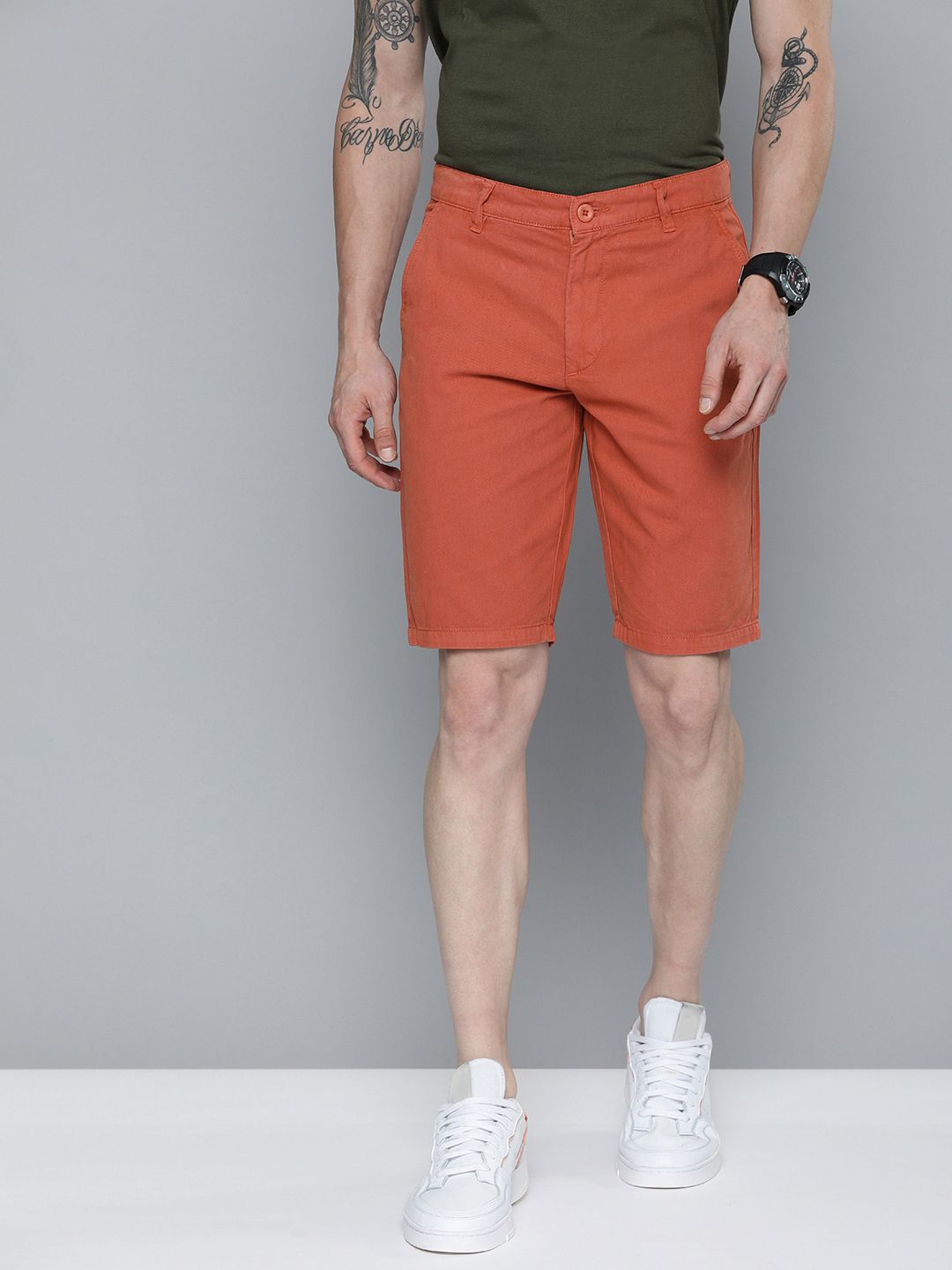 The Indian Garage Co Men Rust Slim Fit Cotton Chino Shorts