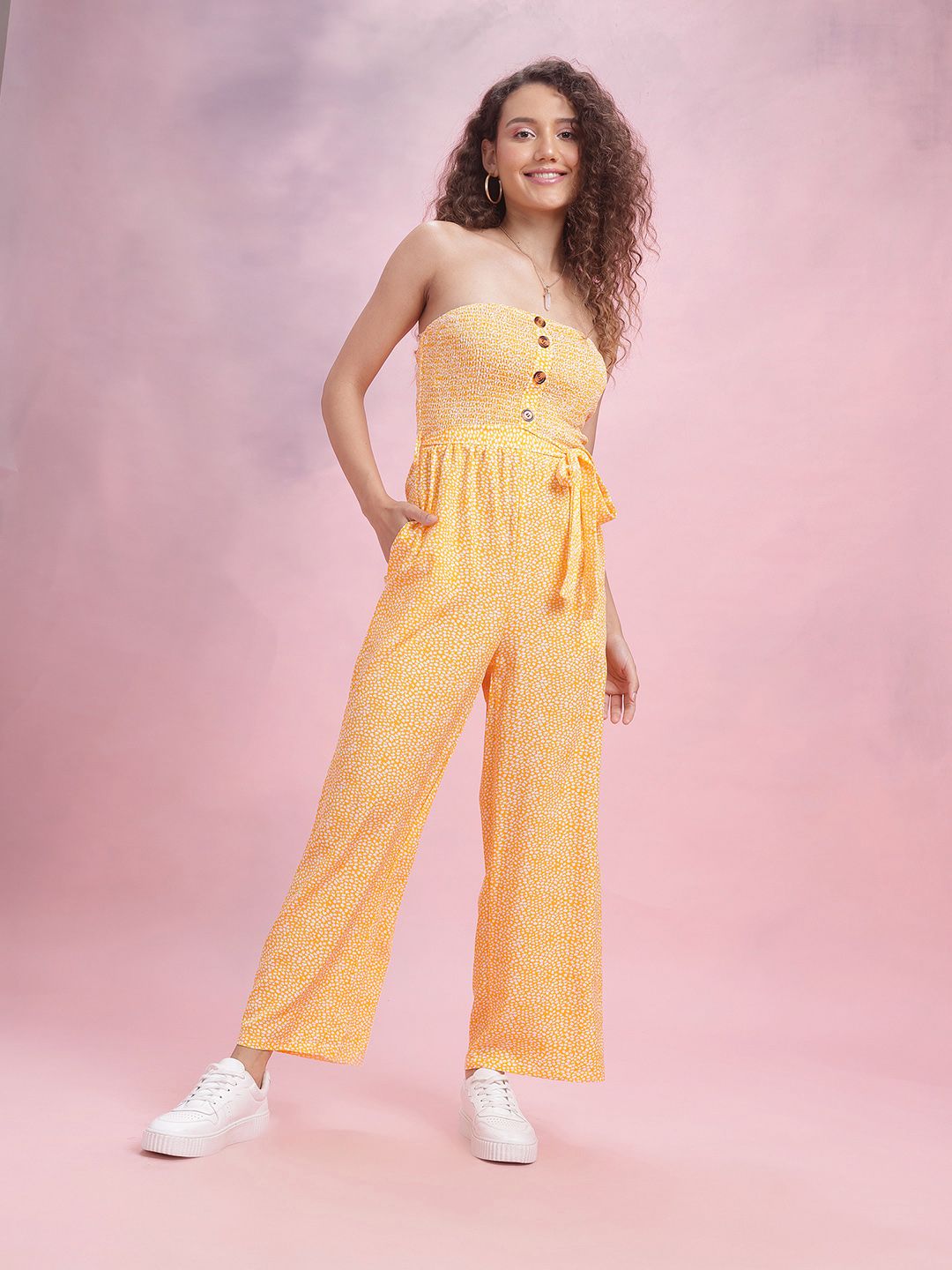 DressBerry Off-Shoulder Printed Smocked Belted Basic Jumpsuit
