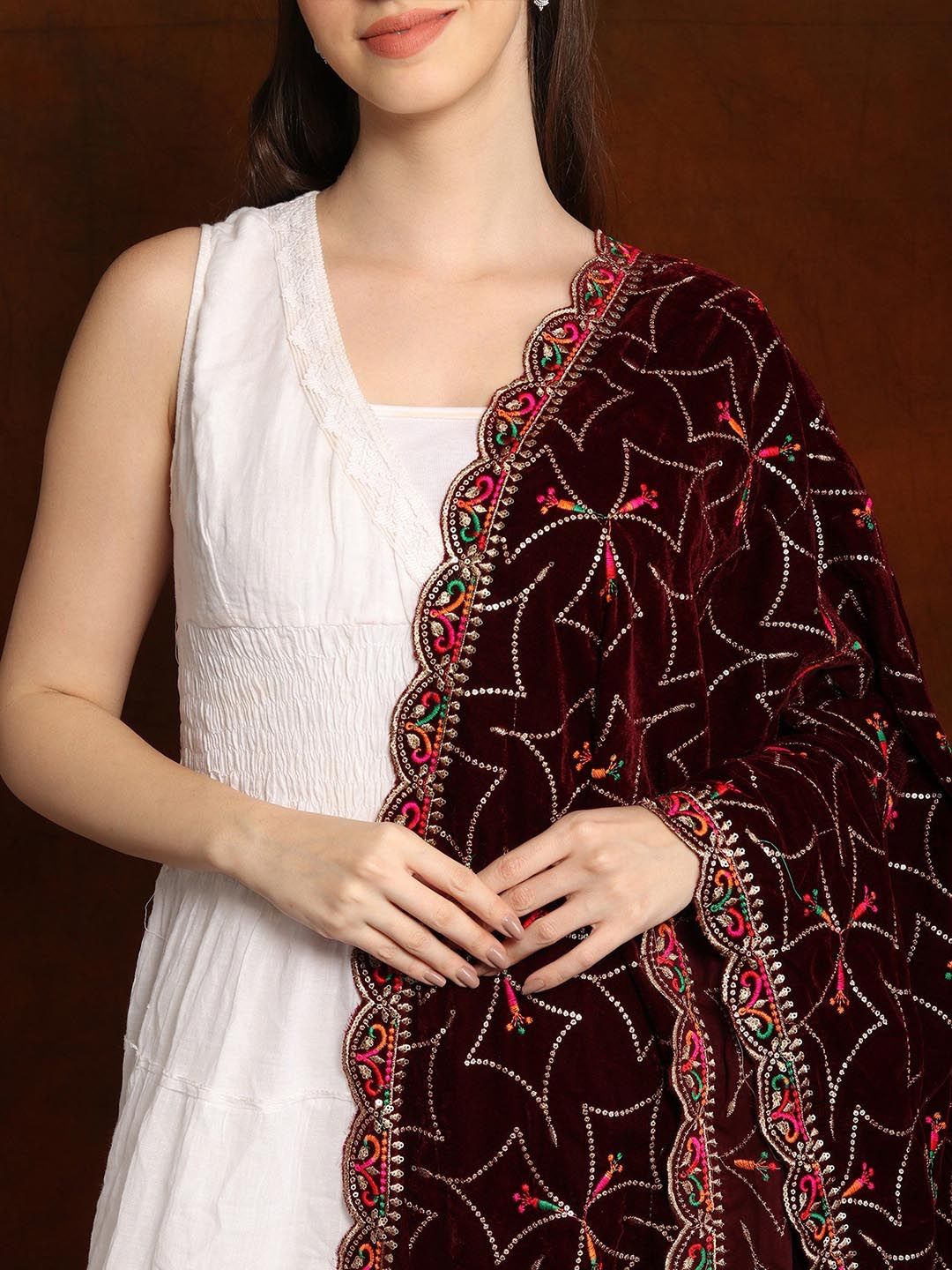 Exotic India Cabernet Velvet Dupatta with Zari and Sequinned Diamond Pattern