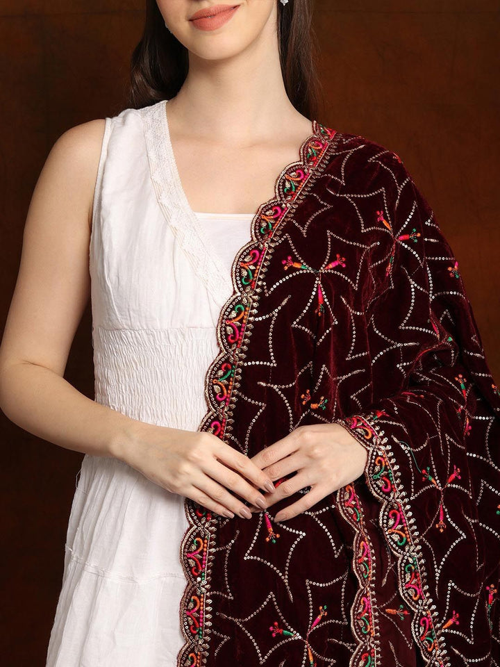 Exotic India Cabernet Velvet Dupatta with Zari and Sequinned Diamond Pattern