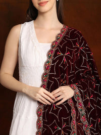 Exotic India Cabernet Velvet Dupatta with Zari and Sequinned Diamond Pattern