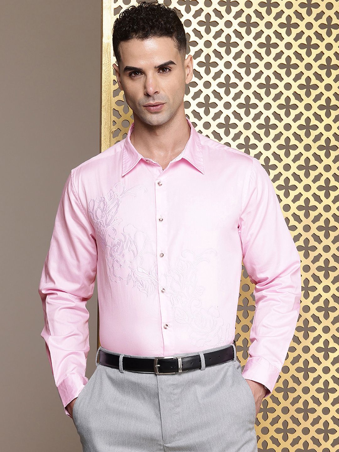 House of Pataudi Floral Embroidered Pure Cotton Party Jashn Shirt