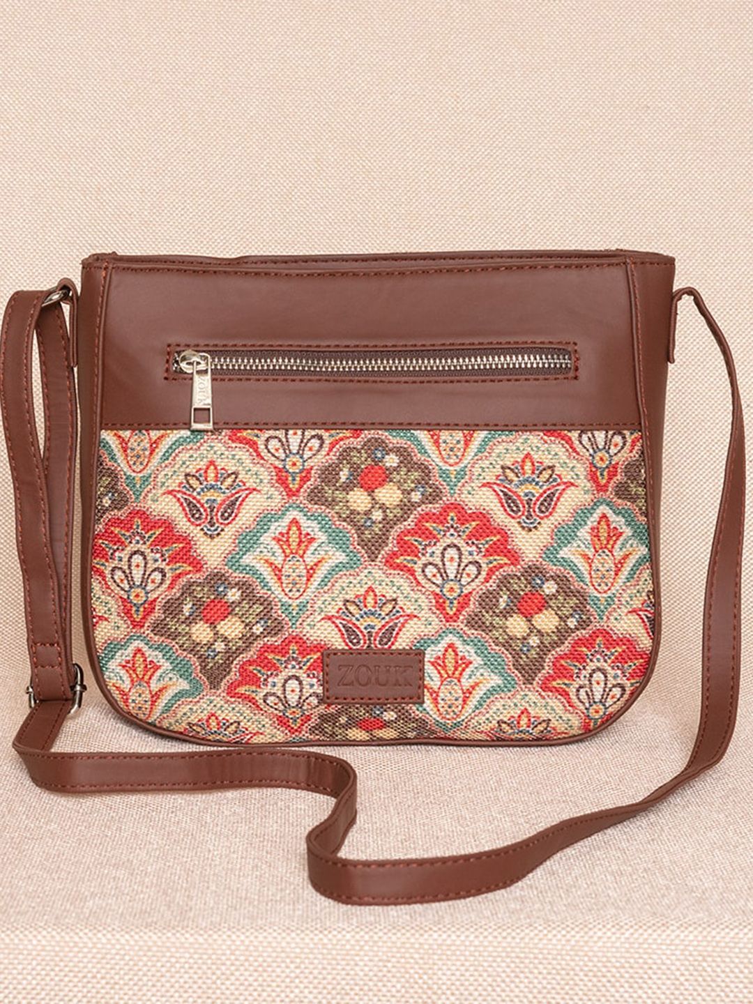 ZOUK Tan Floral Printed Structured Sling Bag
