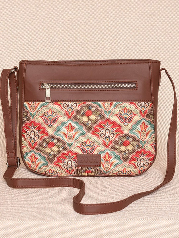 ZOUK Tan Floral Printed Structured Sling Bag