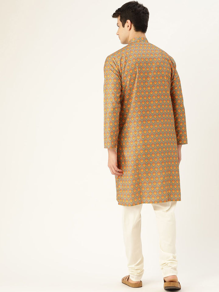 SOJANYA Men Green & Orange Ethnic Motif Print Straight Kurta