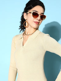 Berrylush Women  Off-White Striped Knits Bits Dress