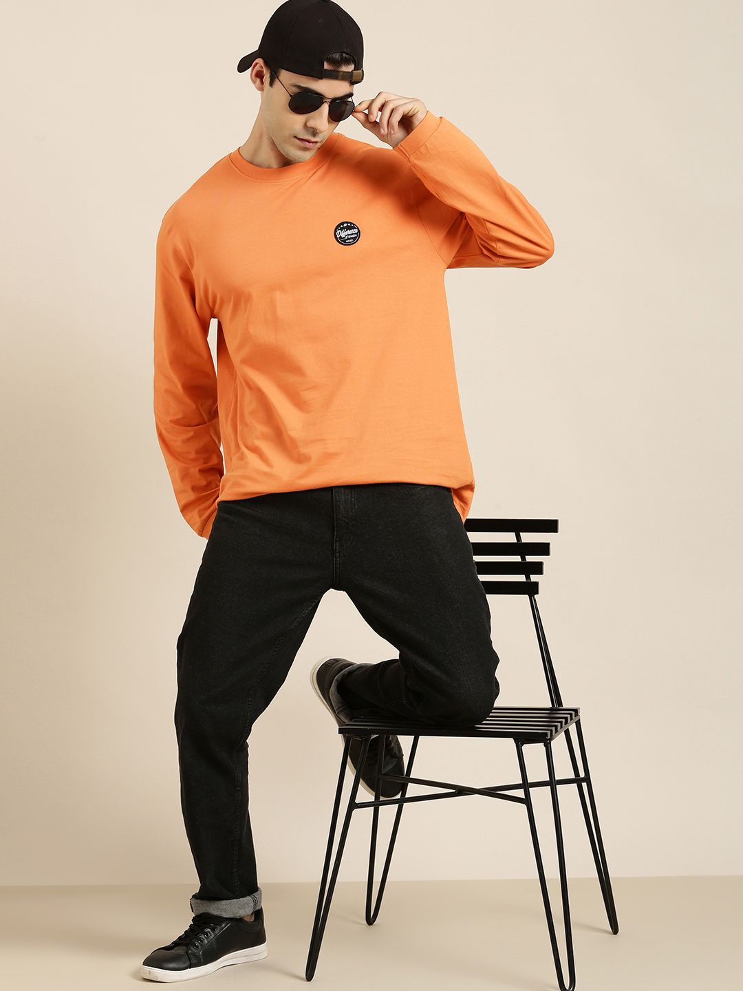 Difference of Opinion Men Coral Orange Printed Pure Cotton Loose Longline T-shirt