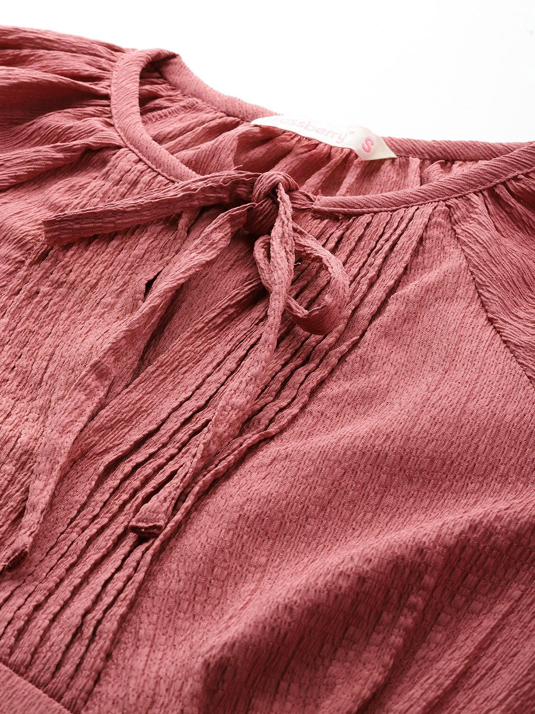 DressBerry Tie-Up Neck Textured Gathered Detail A-Line Midi Dress