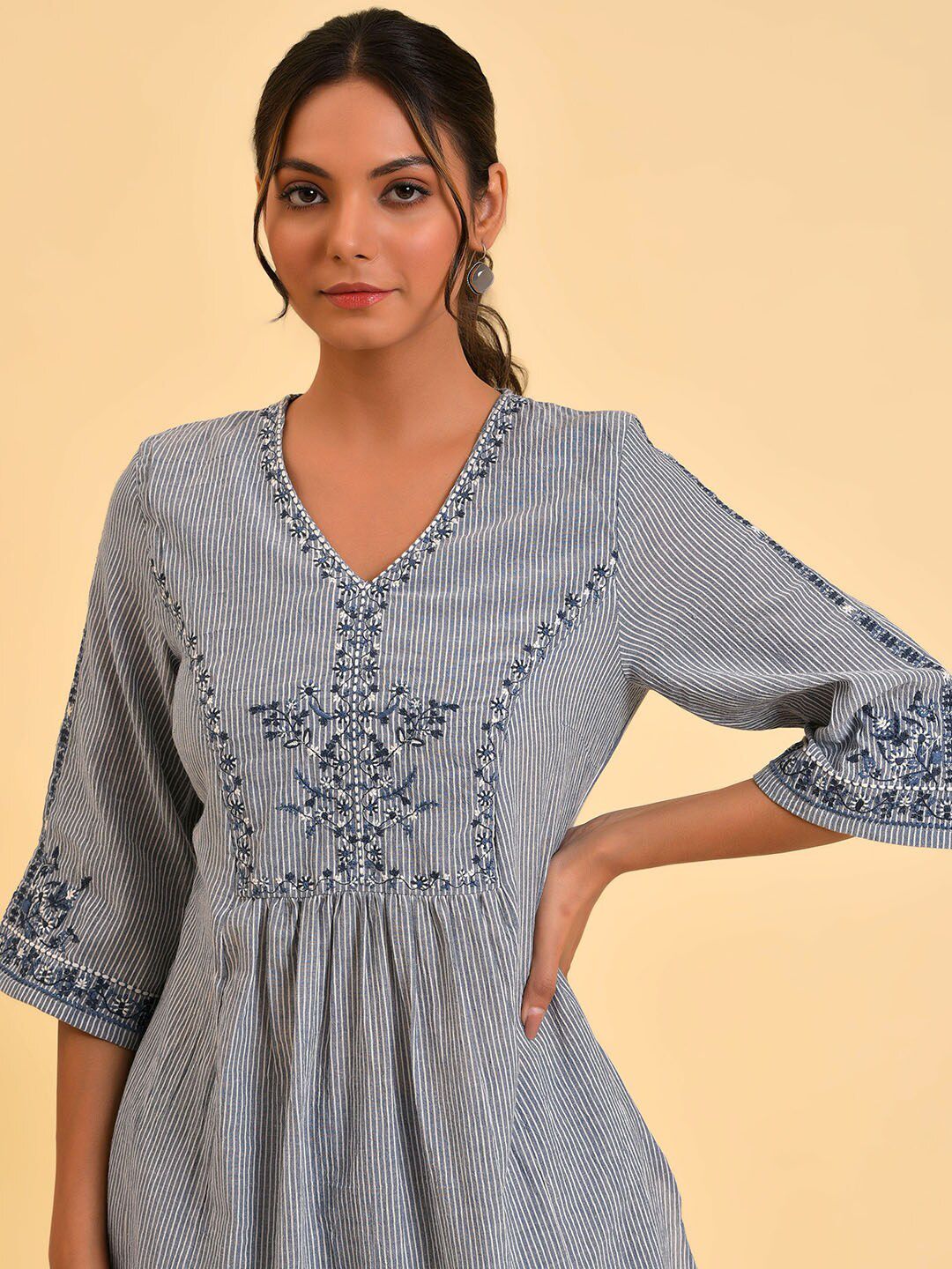 W Blue & White Striped Thread Work A-Line Pure Cotton Kurta with Trousers