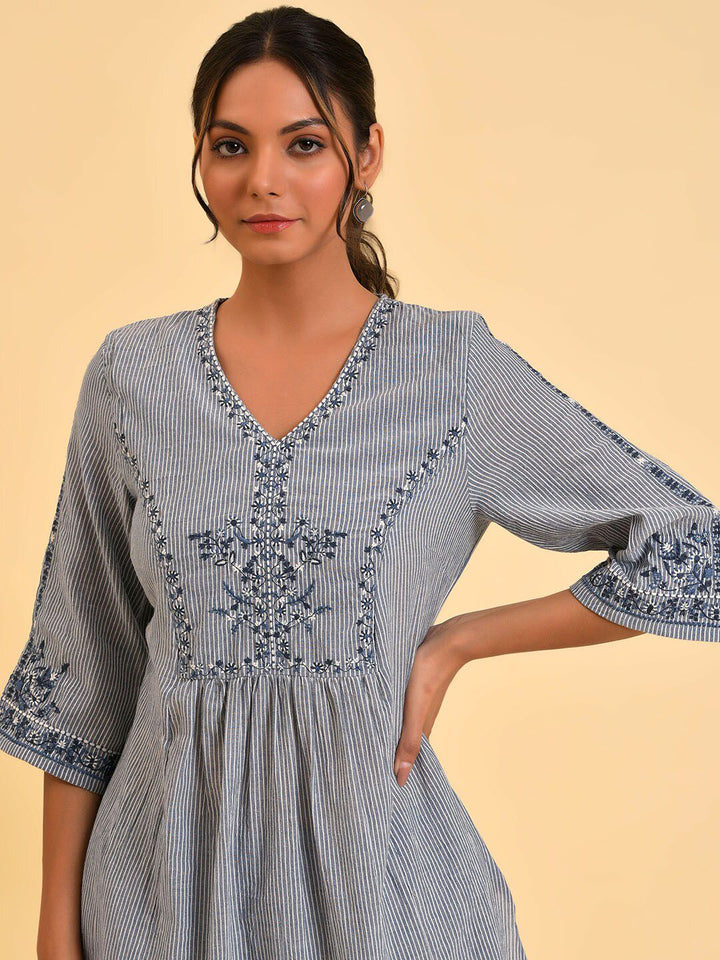 W Blue & White Striped Thread Work A-Line Pure Cotton Kurta with Trousers