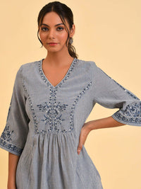 W Blue & White Striped Thread Work A-Line Pure Cotton Kurta with Trousers