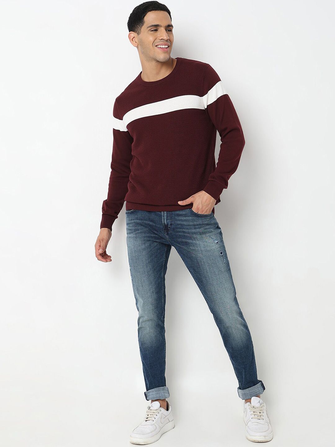 SPYKAR Colourblocked Round Neck Long Sleeves Cotton Pullover Sweater