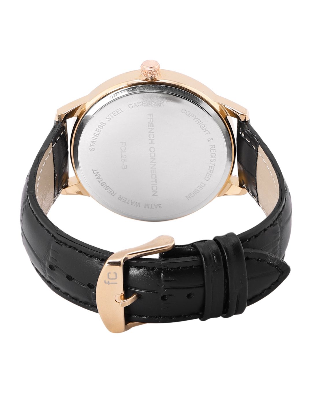 Sambungan Perancis Lelaki Hitam Dial & Kulit Hitam Tali Analog Watch FCL25