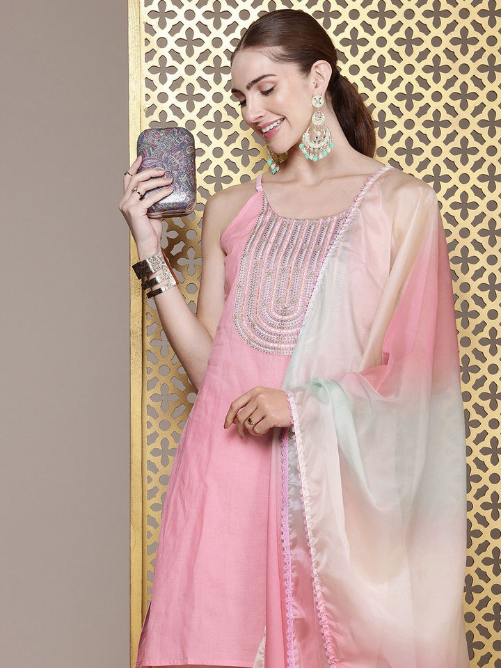 House of Pataudi Women Floral Yoke Design Pure Cotton Jashn Kurta with Sharara & Dupatta