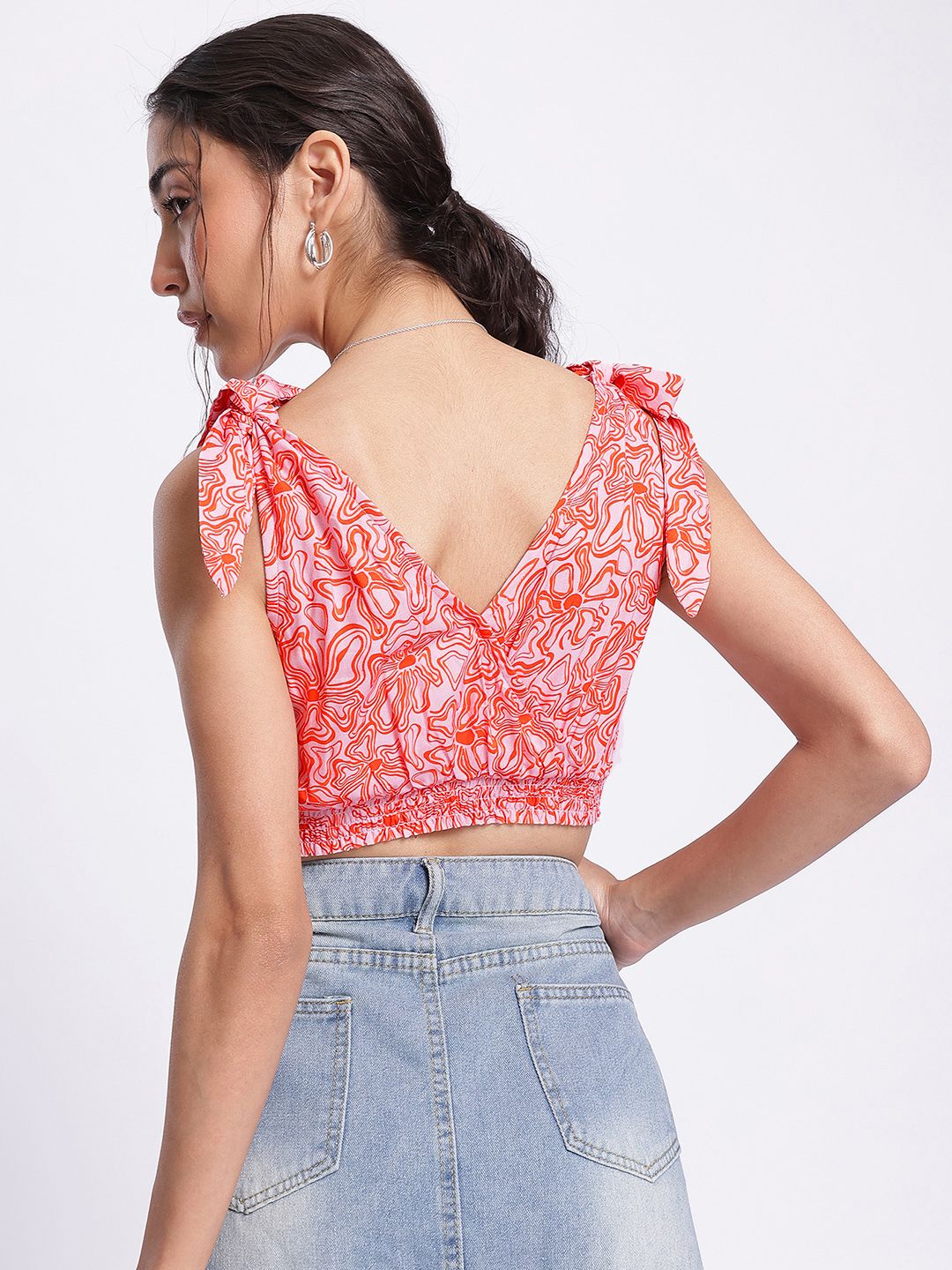 DressBerry Floral Frenzy Tie-Up Detail Smocked Crop Top