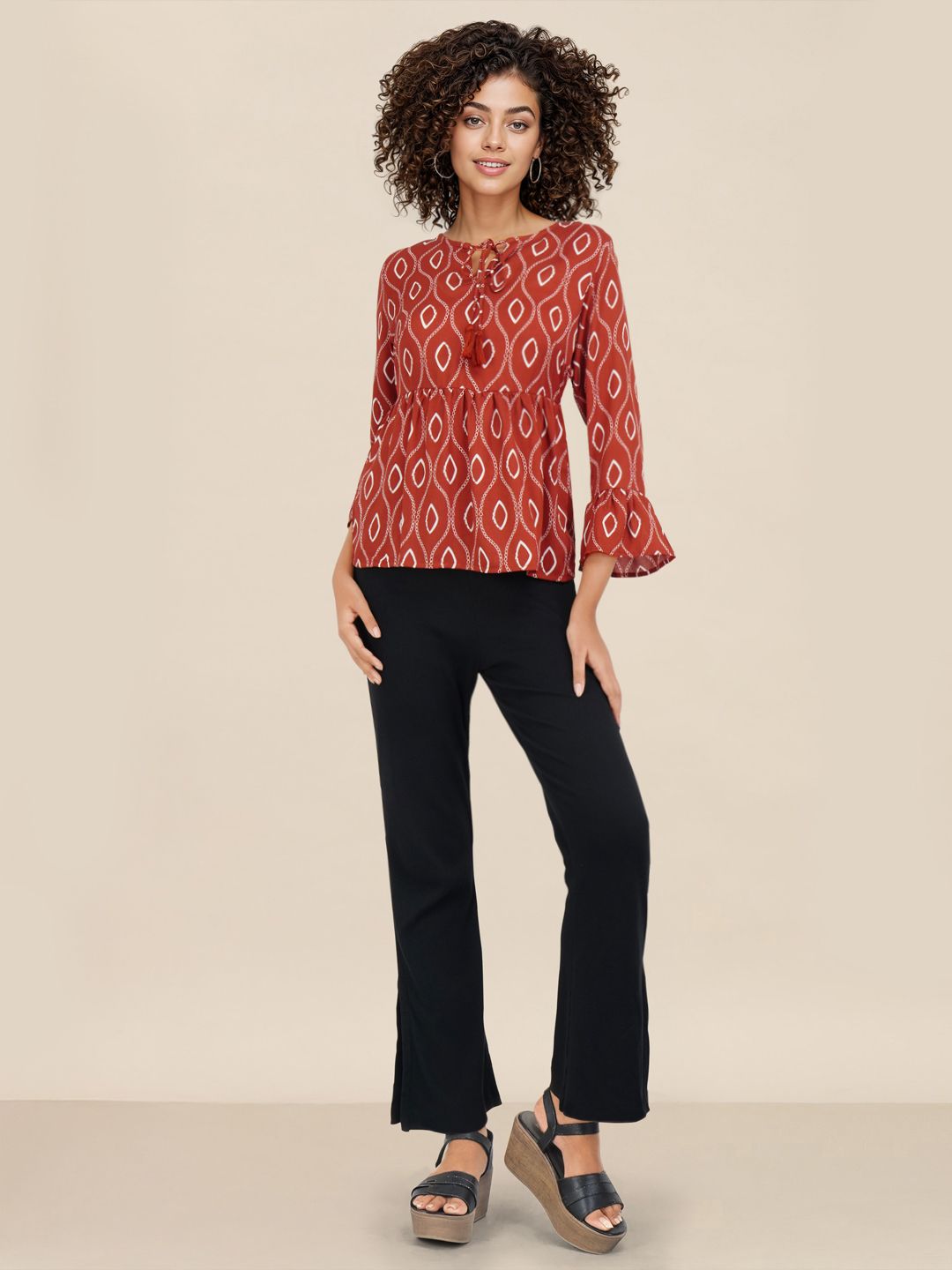 DressBerry Printed Tie-Up Neck Bell Sleeve Peplum Top