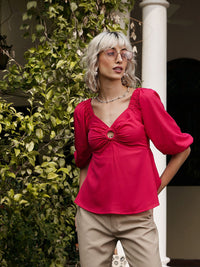 SASSAFRAS V-Neck Puff Sleeves Peplum Top