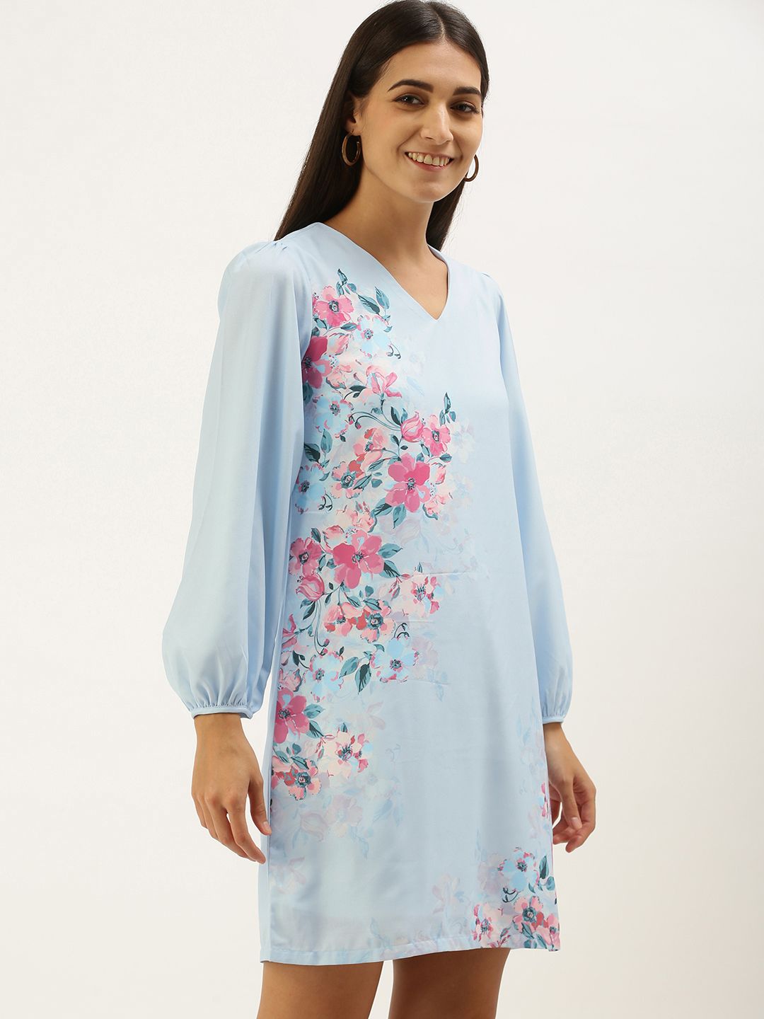 AND Blue Floral A-Line Puff Sleeve Dress