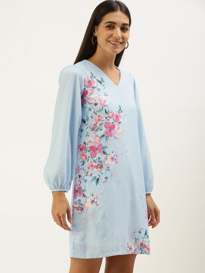 AND Blue Floral A-Line Puff Sleeve Dress