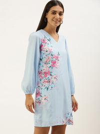 AND Blue Floral A-Line Puff Sleeve Dress