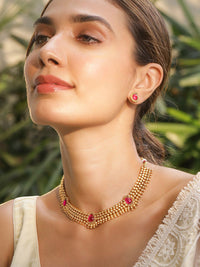 Rubans 22kt Gold Plated Ruby Stone Dipadam Set Perhiasan Tembaga Tradisional Manik Emas