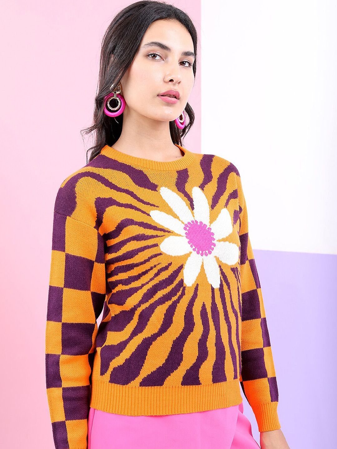 Tokyo Talkies Women Yellow & Purple Floral Jacquard Pullover Sweater